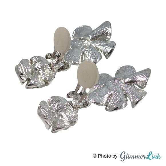 Vintage Silver Tone Green Cabochon Floral Dangle Clip On Earrings Statement - Picture 6 of 7